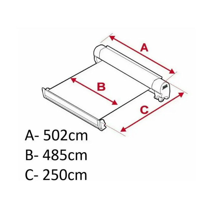 Measurement chart of a roll of fabric with dimensions labeled A, B, and C on a white background.