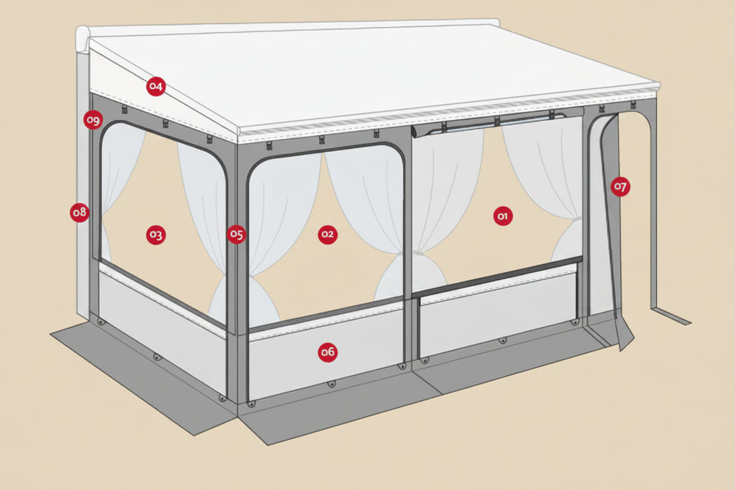 Portable privacy room for caravan, with curtains and red markers indicating assembly points 
