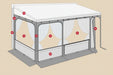Portable privacy room for caravan, with curtains and red markers indicating assembly points 