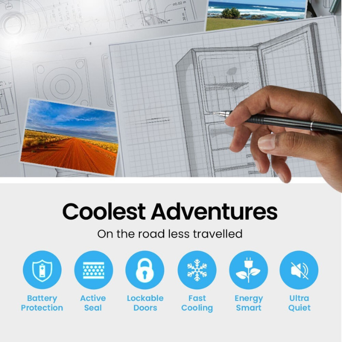 Person drawing a door design with scenic photos on a blueprint, featuring text 'Coolest Adventures' and icons.