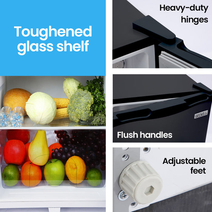 Collage of features including a toughened glass shelf, heavy-duty hinges, flush handles, and adjustable feet with a product background.