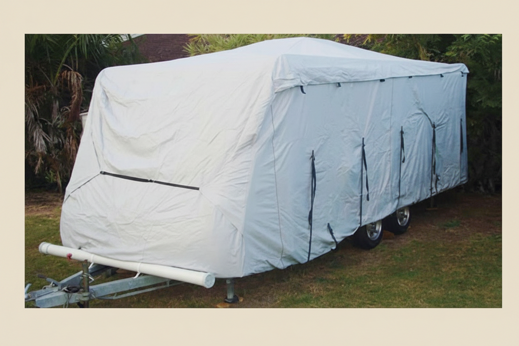 Caravan wth full heavy duty cover protecting it