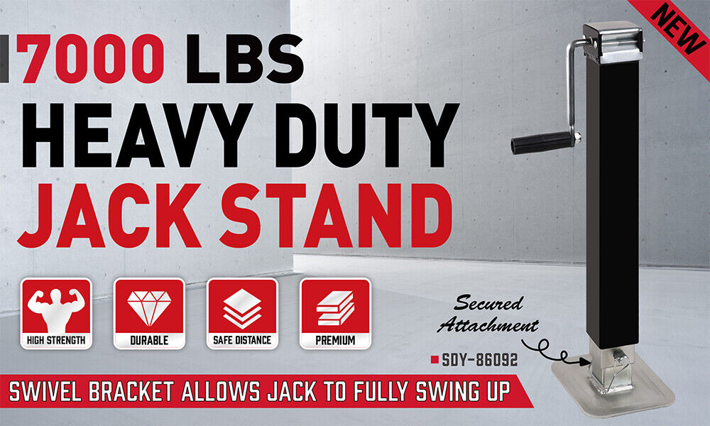 Heavy-duty jack stand with text highlighting its features on a gray background