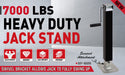 Heavy-duty jack stand with text highlighting its features on a gray background