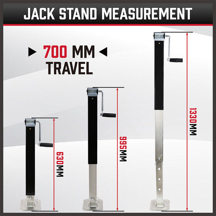 Jack stand measurements with travel distance details on a white background