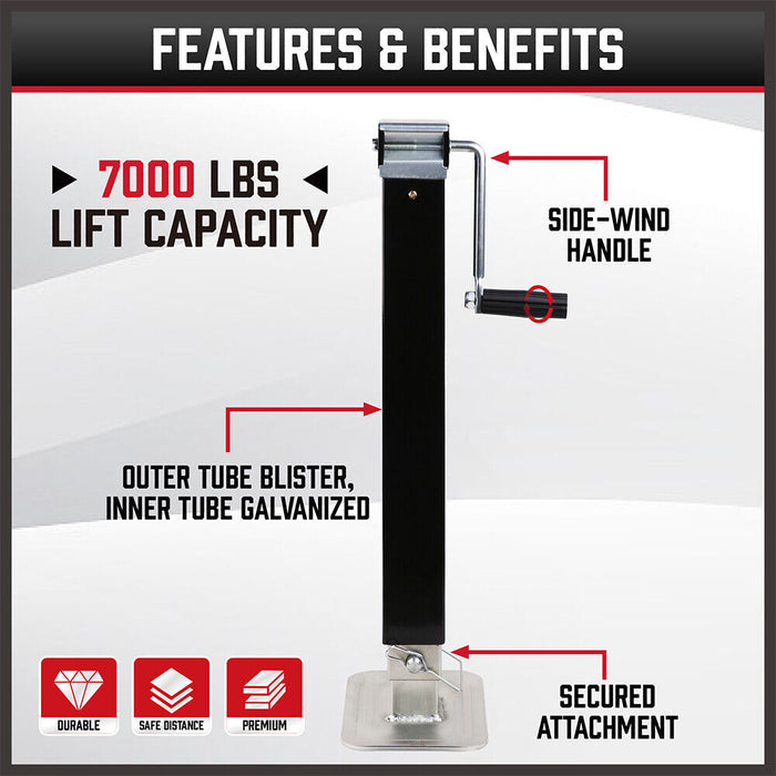 Heavy Duty Trailer Jack features and benefits with text and graphics on a white background