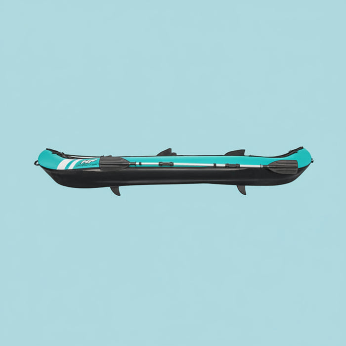Inflatable kayak with teal and black design