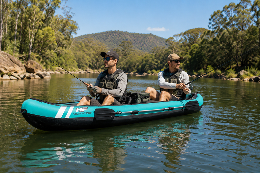 Two people fishing in a teal inflatable kayak on a calm river with trees and mountains in the background.