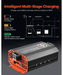 Battery charger with intelligent multi-stage charging diagram on a dark background