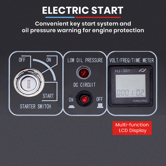 Electric start system with key start switch, oil pressure warning, and voltage meter on a dark background.