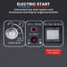Electric start system with key start switch, oil pressure warning, and voltage meter on a dark background.