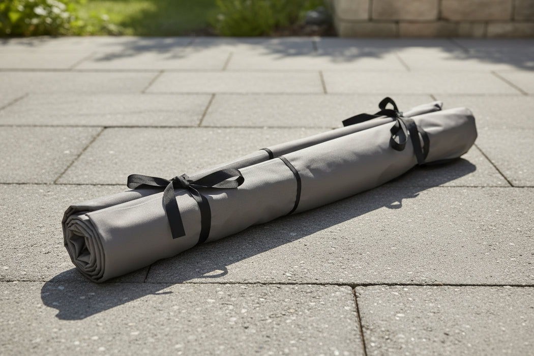 Gray rolled-up bag with black ribbons 