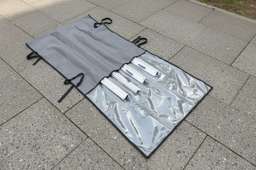 Components for awning flap eliminator kit in carry bag