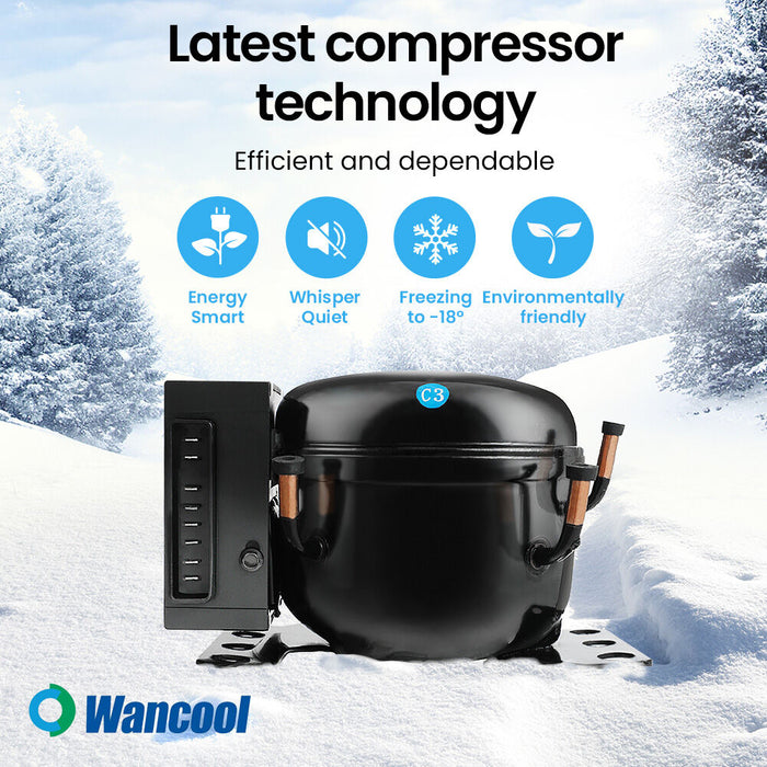 Wancool compressor in a snowy landscape with features listed.