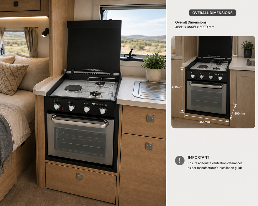 Compact kitchen setup inside a vehicle with Oven Cooktop, showing overall dimensions.