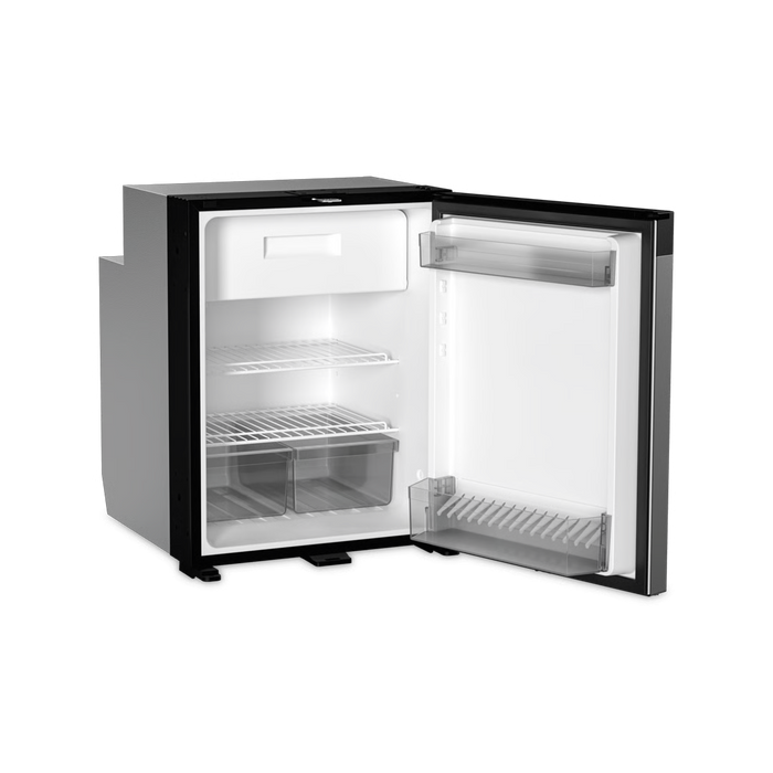 Small black refrigerator with open door 