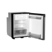 Small black refrigerator with open door 