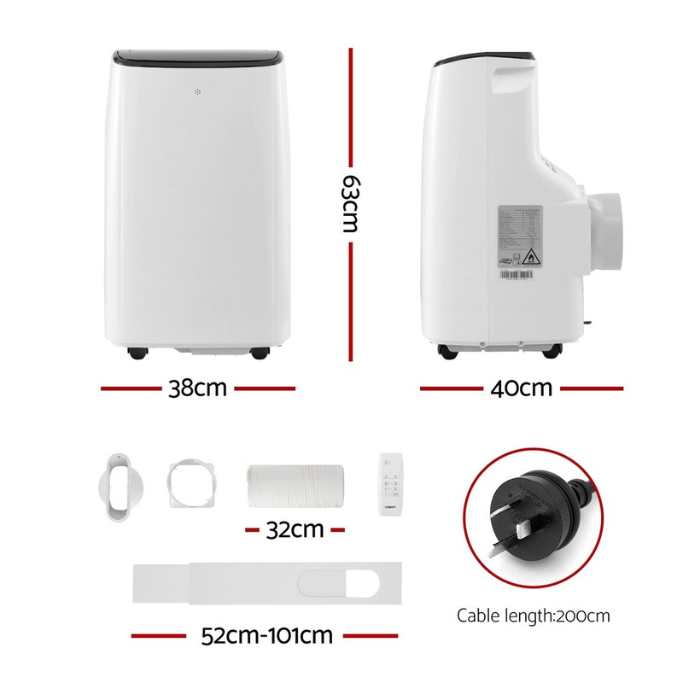 Portable air conditioner with dimensions and accessories displayed 