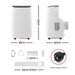 Portable air conditioner with dimensions and accessories displayed 
