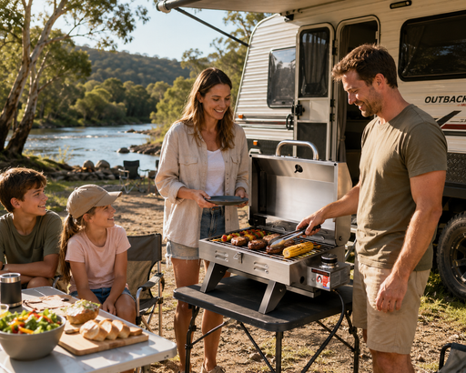 Family have a BBQ outdoors near a caravan by a river