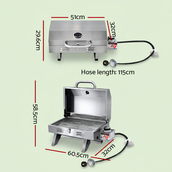 Measurement chart of a portable gas BBQ with dimensions labeled.