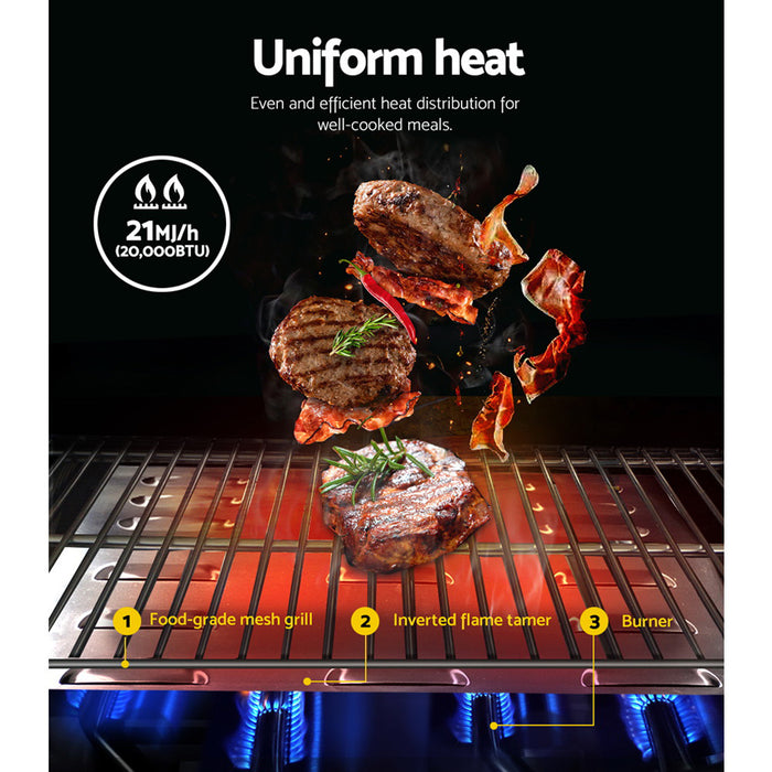 Grill with food being cooked, highlighting uniform heat distribution.