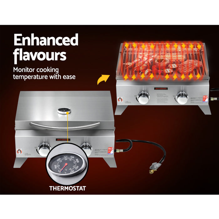 Stainless steel grill with thermostat and enhanced flavors text