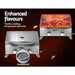 Stainless steel grill with thermostat and enhanced flavors text