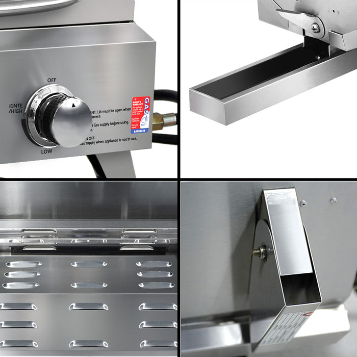 Collage of close-up details of a stainless steel appliance, including a control knob, exhaust hood, and interior shelves.