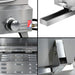 Collage of close-up details of a stainless steel appliance, including a control knob, exhaust hood, and interior shelves.
