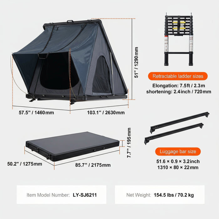 Camping tent with dimensions and features on a white background.