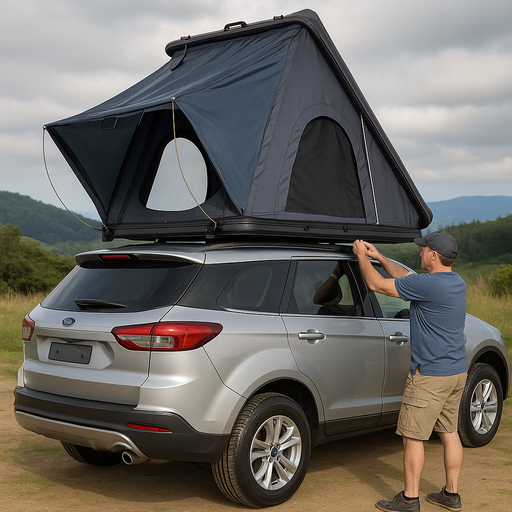 Man setting up a rooftop tent on a silver SUV in a natural setting