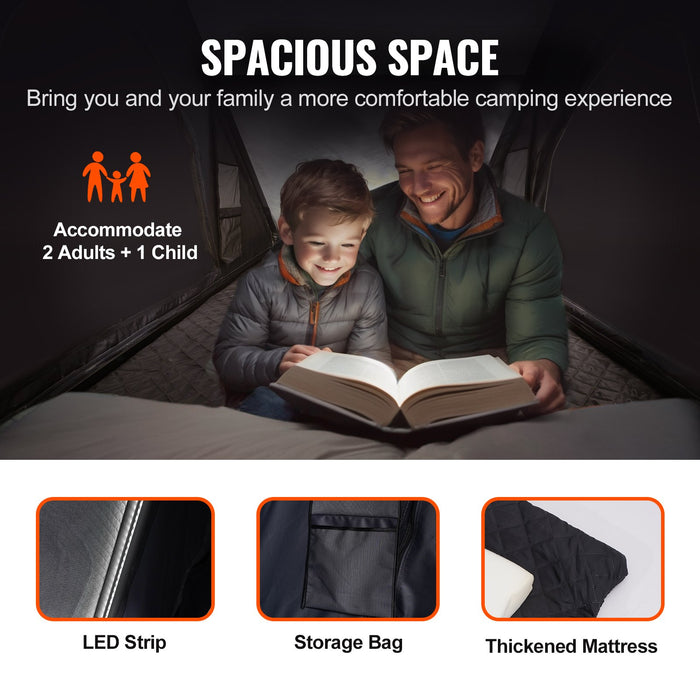 Camping tent interior with a man and child reading a book, highlighting features like LED strip, storage bag, and thickened mattress.