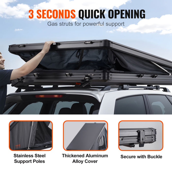 Roof rack system with quick opening feature and detailed components on a vehicle.