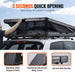 Roof rack system with quick opening feature and detailed components on a vehicle.