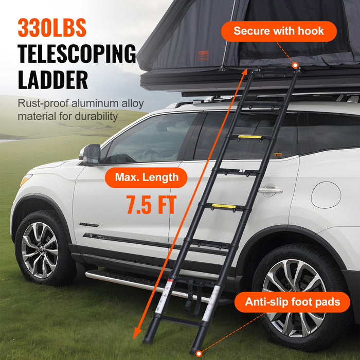 Telescoping ladder attached to a car with specifications highlighted