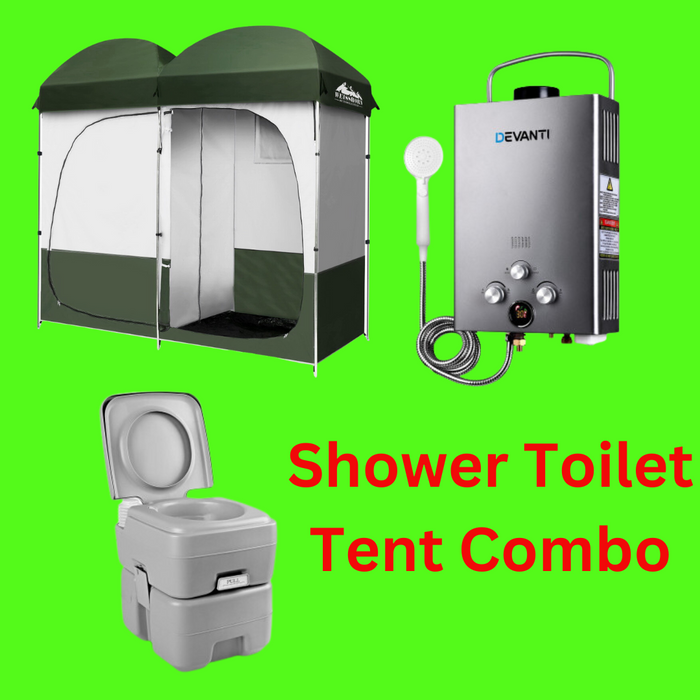 Double Shower/Toilet Tent + Gas Hotwater Shower + Flushing Toilet Combo