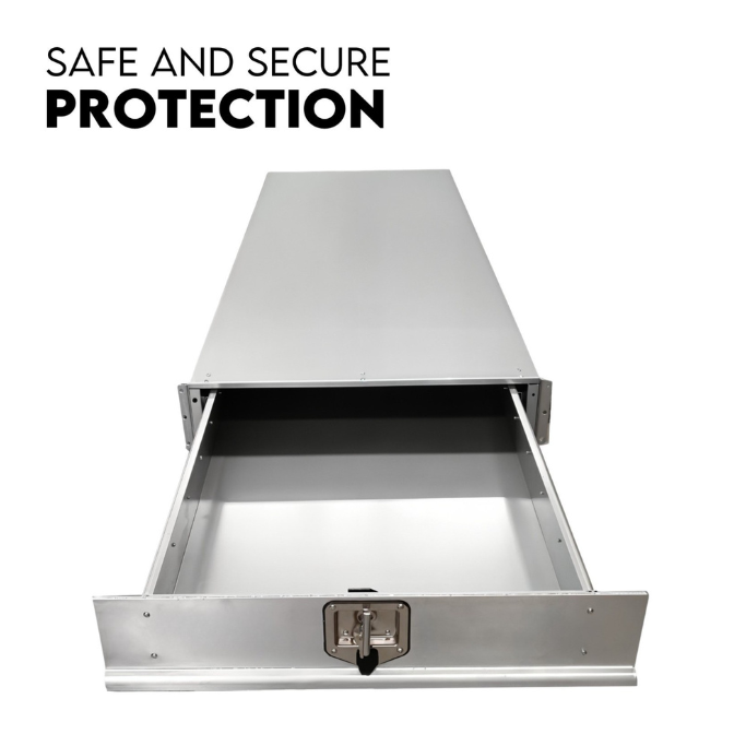 Metal drawer with lock mechanism, featuring text 'Safe and Secure Protection'.