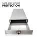 Metal drawer with lock mechanism, featuring text 'Safe and Secure Protection'.