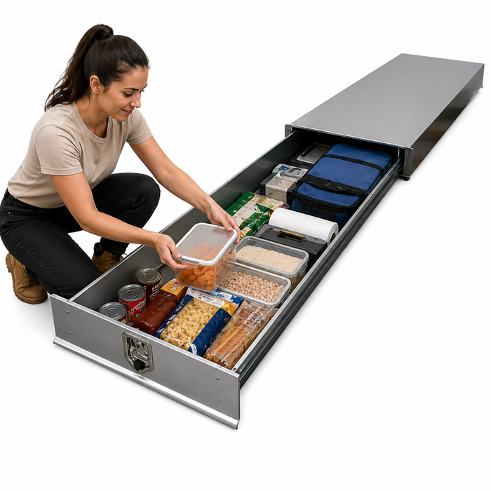 Person organizing food items in a large drawer with various food containers.