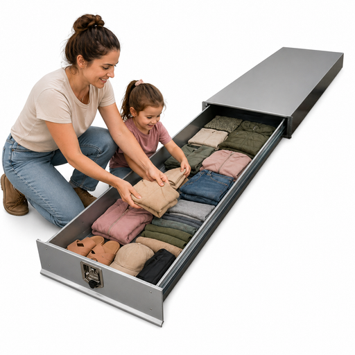 Caravan Slide-Out Drawer with woman and child placing folded clothes inside