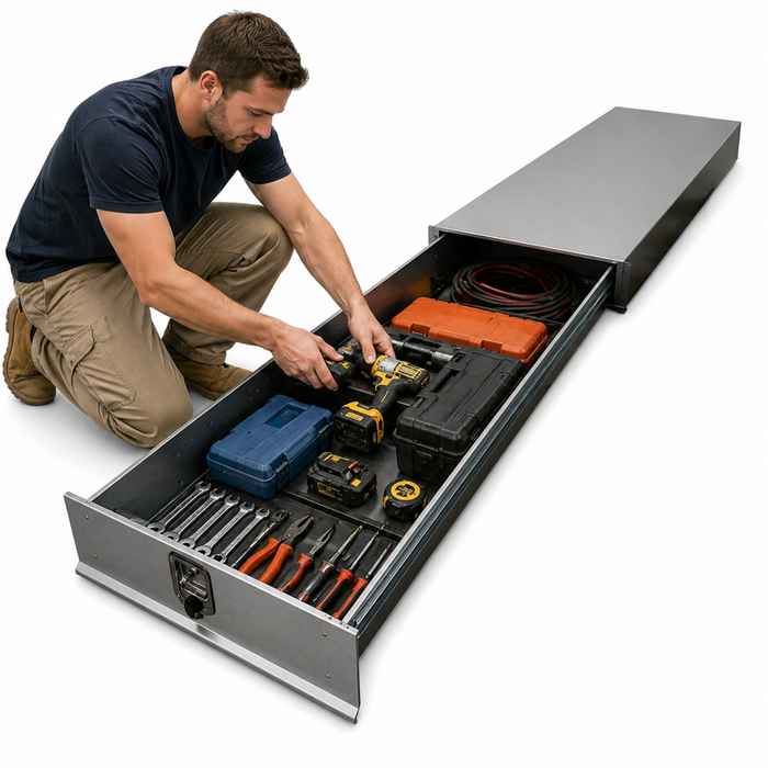 Slide-Out caravan drawer with man organizing tools inside