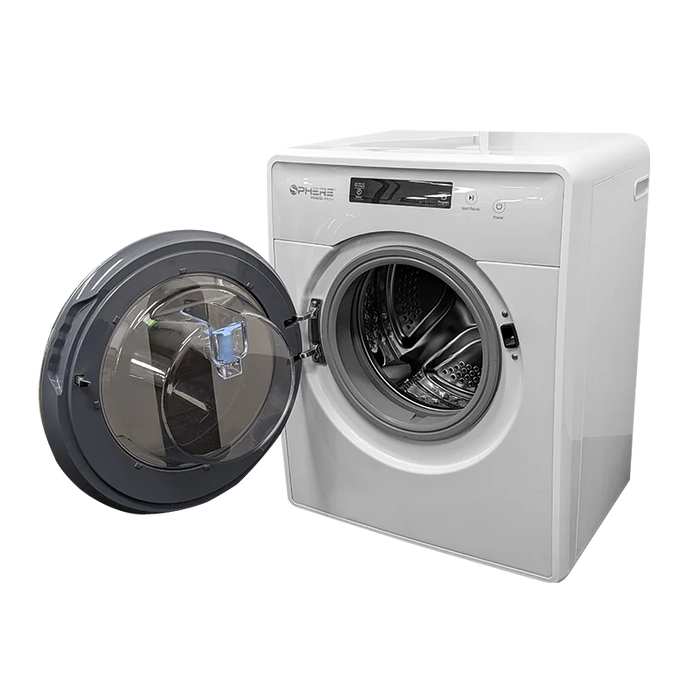 White washing machine with open door on a white background
