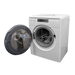 White washing machine with open door on a white background