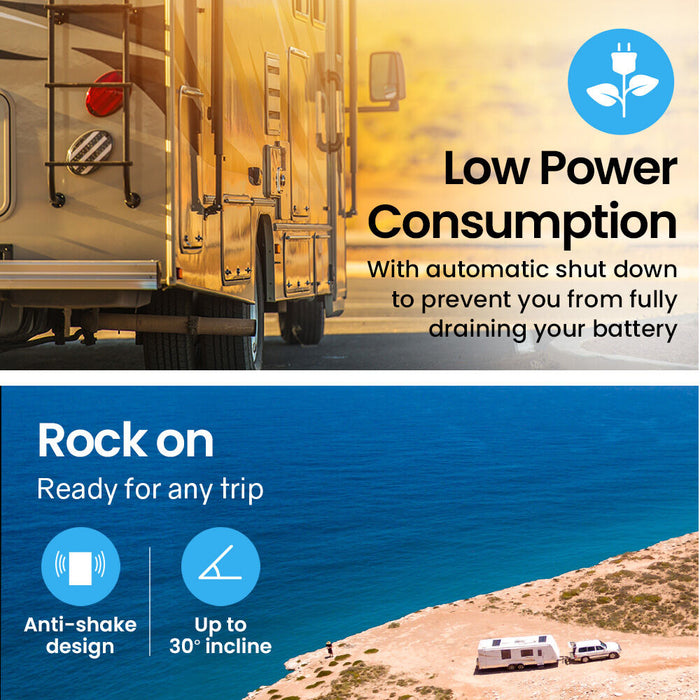  RV with text about low power consumption and features like anti-shake design.