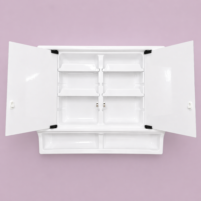 White wall-mounted cabinet with open doors 