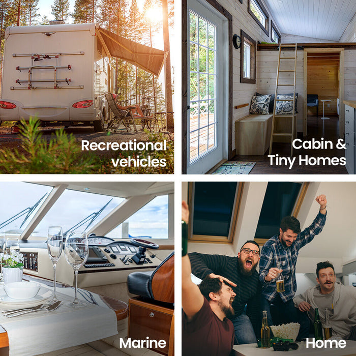 Collage of four images labeled 'Recreational Vehicles', 'Cabin & Tiny Homes', 'Marine', and 'Home'.