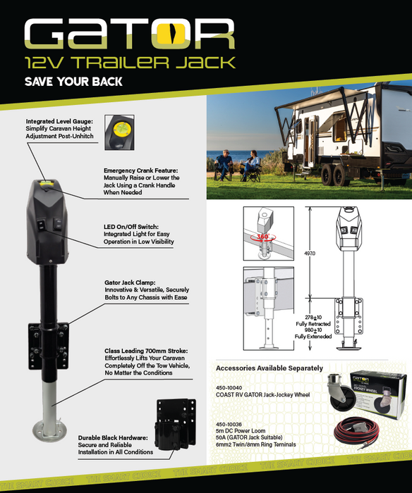 GATOR 12V Trailer Jack with Clamp & Jockey Wheel| 1800KG Cap | 355mm Lift