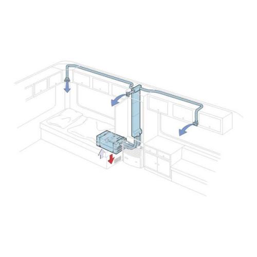 Diagram of a ventilation system with pipes and a blower.