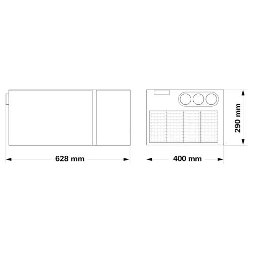 Technical drawing of an air conditioning unit with dimensions labeled